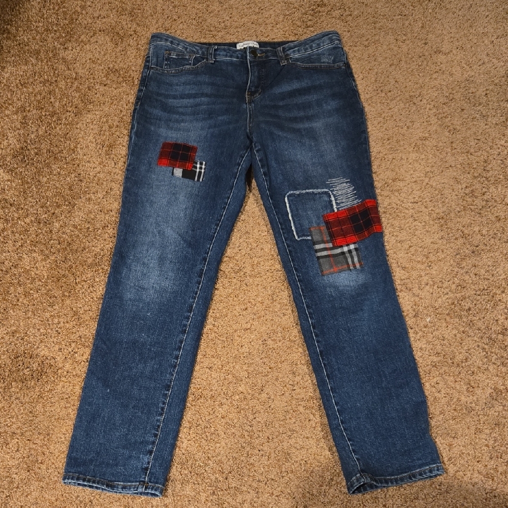 Coldwater Creek Blue Jeans with Red Plaid Patches